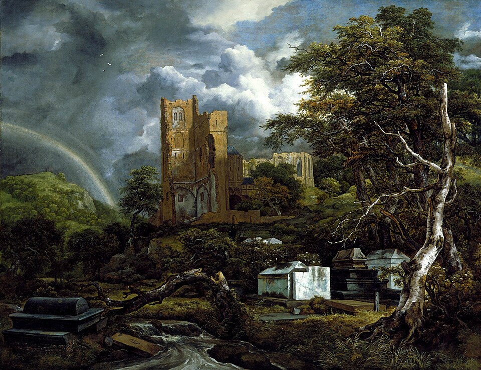 Landscape painting with ruins, a rainbow, and dramatic skies